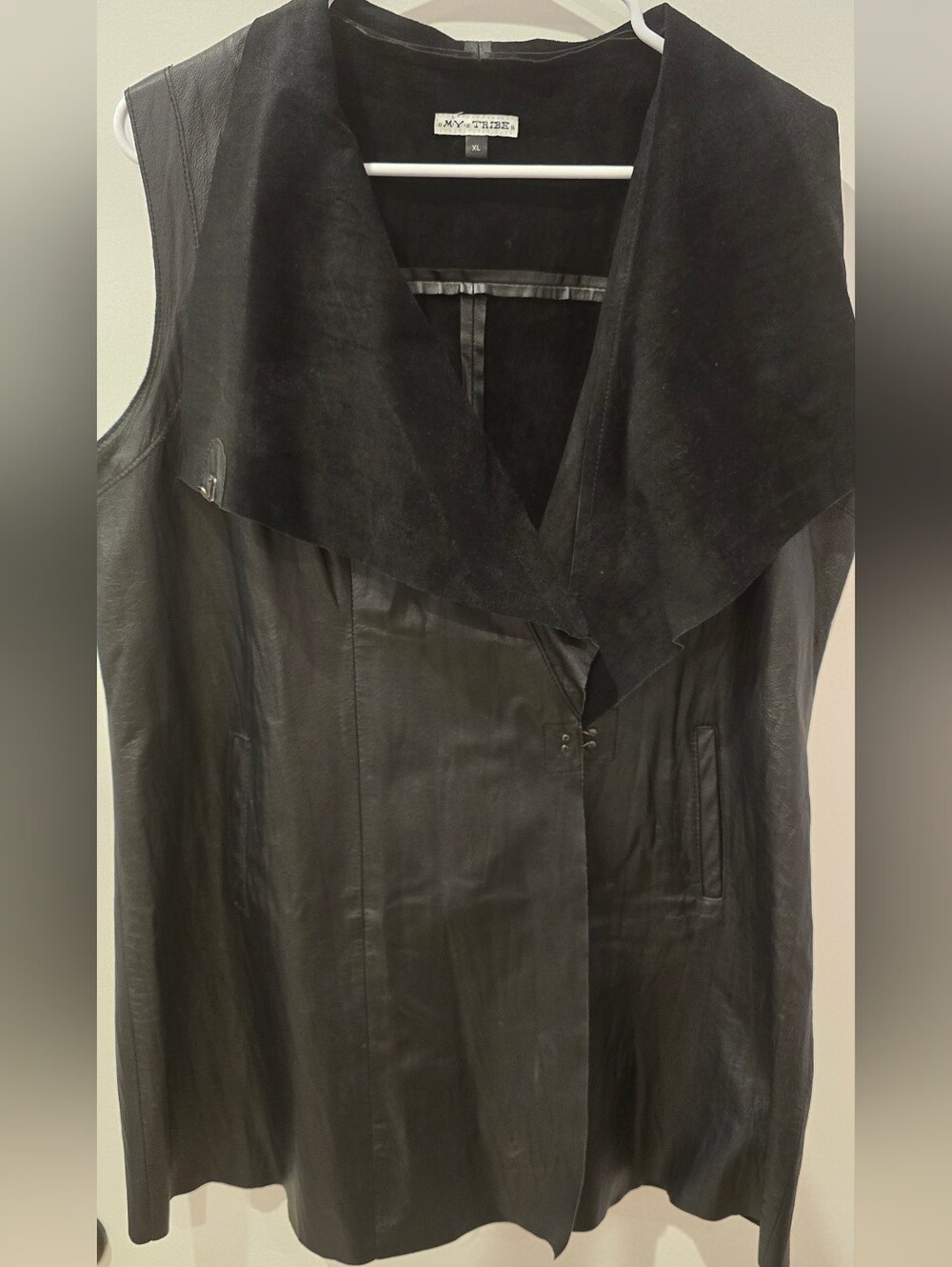 Asymetrical Black Leather Vest Coat- Women's- XL